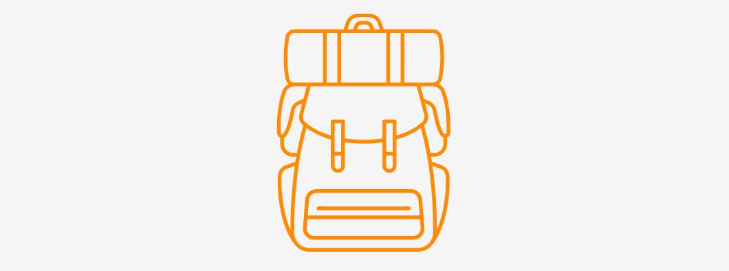 An icon of a backpack in a vivid orange color, representing that the product is ideal for travel.