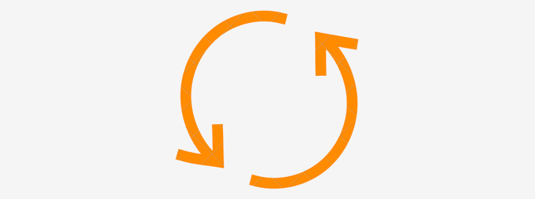 An icon featuring two arrows in a circular motion, colored in bright orange, symbolizing that the product is reusable.