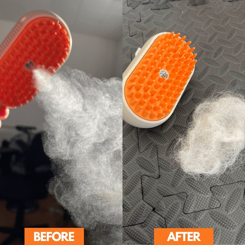 Before and after image: On the left, a cat looking at a clean Steamy Cat Brush Pro; on the right, a pile of groomed hair on the counter.